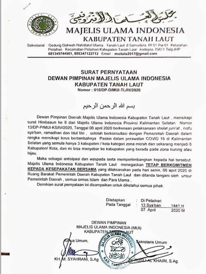Surat Pernyataan MUI Tala mengenai pelaksanaan Sholat Jumat, Nisfu Syaban, Ramadhan dan Idul Fitri