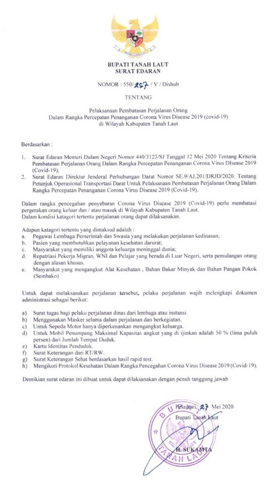 SURAT EDARAN TENTANG PELAKSANAAN PEMBATASAN PERJALANAN ORANG DALAM RANGKA PERCEPATAN PENANGANAN CORO